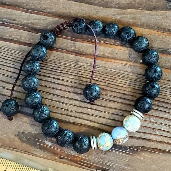 Handcrafted Chakra Bracelet Natural Blue and Tan Aqua Terra Jasper Black Lava - Picture 6 of 7